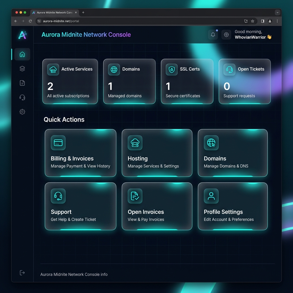 AuroraMidnite Customer Portal Screenshot